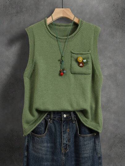 Casual Retro Minimalist Elegant Fashion Commute Comfortable Office Unisex Solid Color Knitted Pocket Pullover Sweater Vest, Suitable For Travel, Airport, Daily, School, Office, Early Spring, Early Autumn, Spring, Summer