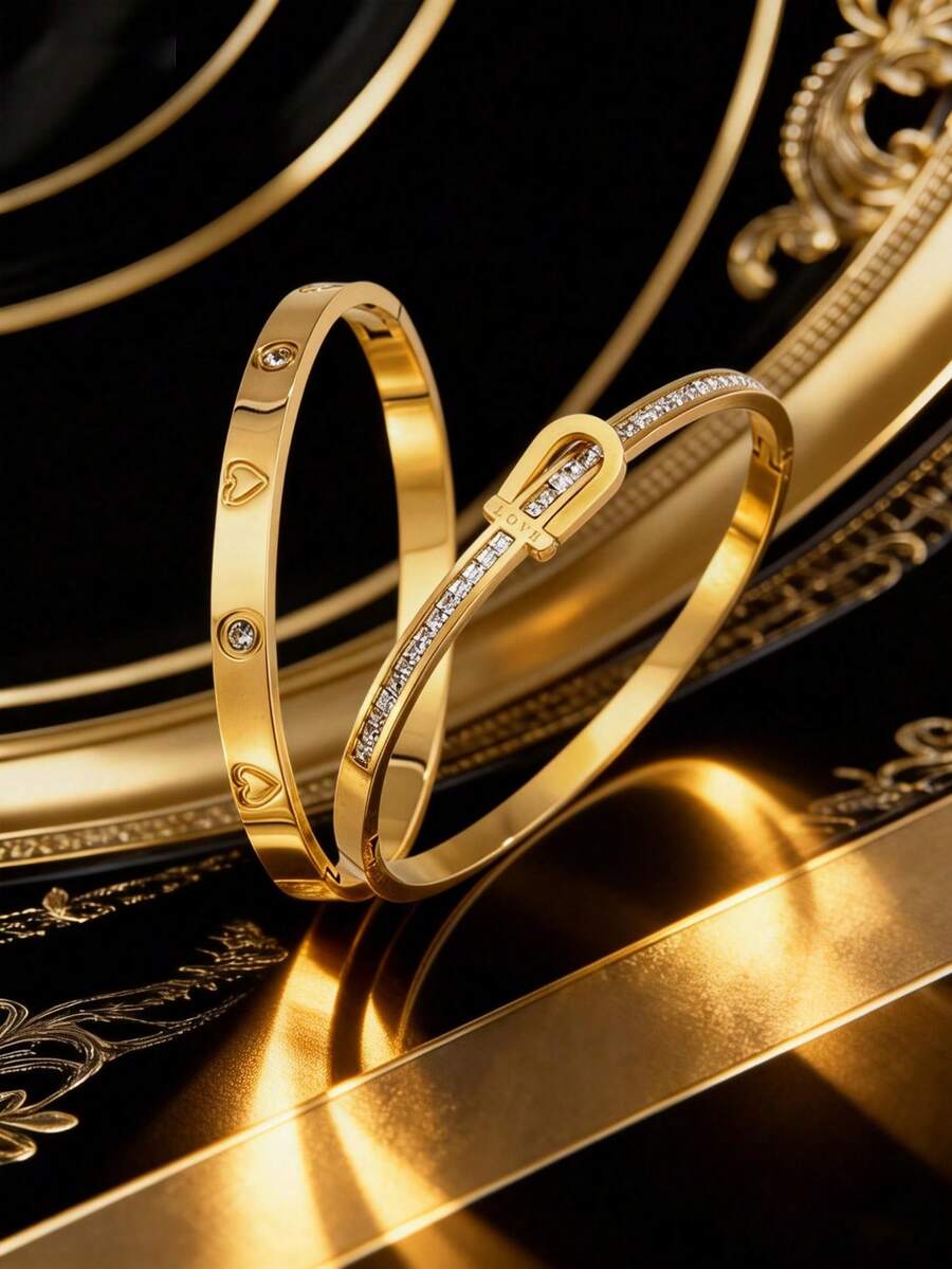 2/1pc Golden Jewelry Set, Sophisticated And Stainless Steel Bangle, Ideal For Intimate Dating, Upscale Party Occasions, Daily Business Commutes, And A Memorable Valentine's Day Gift, Designed With A Minimalist Yet Polished Appearance And Subtle Openwork Details That Add A Touch Of Refinement To Both Casual And Formal Ensembles, Ensuring You Look Effortlessly Stylish At All Times - Gold - View 1