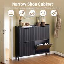 SoBuy Shoe Rack With 4 Flaps, Narrow Shoe Cabinet, Shoe Rack With 4 Shelves, Shoe Chest, Shoe Storage, Black, W X H X D Approx. 100 X 91 X 19 Cm FSR177-L-SCH - Black - View 6