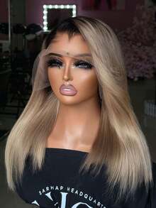 Ombre Brown Roots Ash Blonde Short Straight Lace Front Wigs Human Hair With Baby Hair 200 Density Lace Closure Wig Humman Hair Brazilian 13x4 HD Transparent Bob Lace Frontal Wigs For Women Bone Straight Glueless Wigs Human Hair Pre Plucked Natural Hairline - 漸層灰金色挑染 - 查看 7