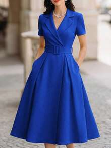 Vusalt 女士夏季蓝色优雅简约通勤短袖衬衫领连衣裙，收腰设计，A字廓形，适合日常通勤、办公穿着、正式场合、情人节装扮、婚礼宾客礼服、优雅连衣裙、休闲连衣裙、生日连衣裙、户外连衣裙 - 藍色 - 查看 4