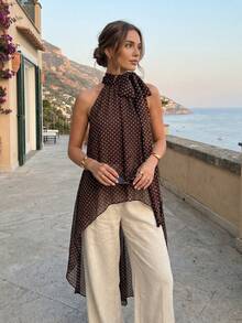Womens Halter Neck Long Tops Summer Fashionable Dot Print Backless Going Out Vest - 巧克力色 - 查看 2