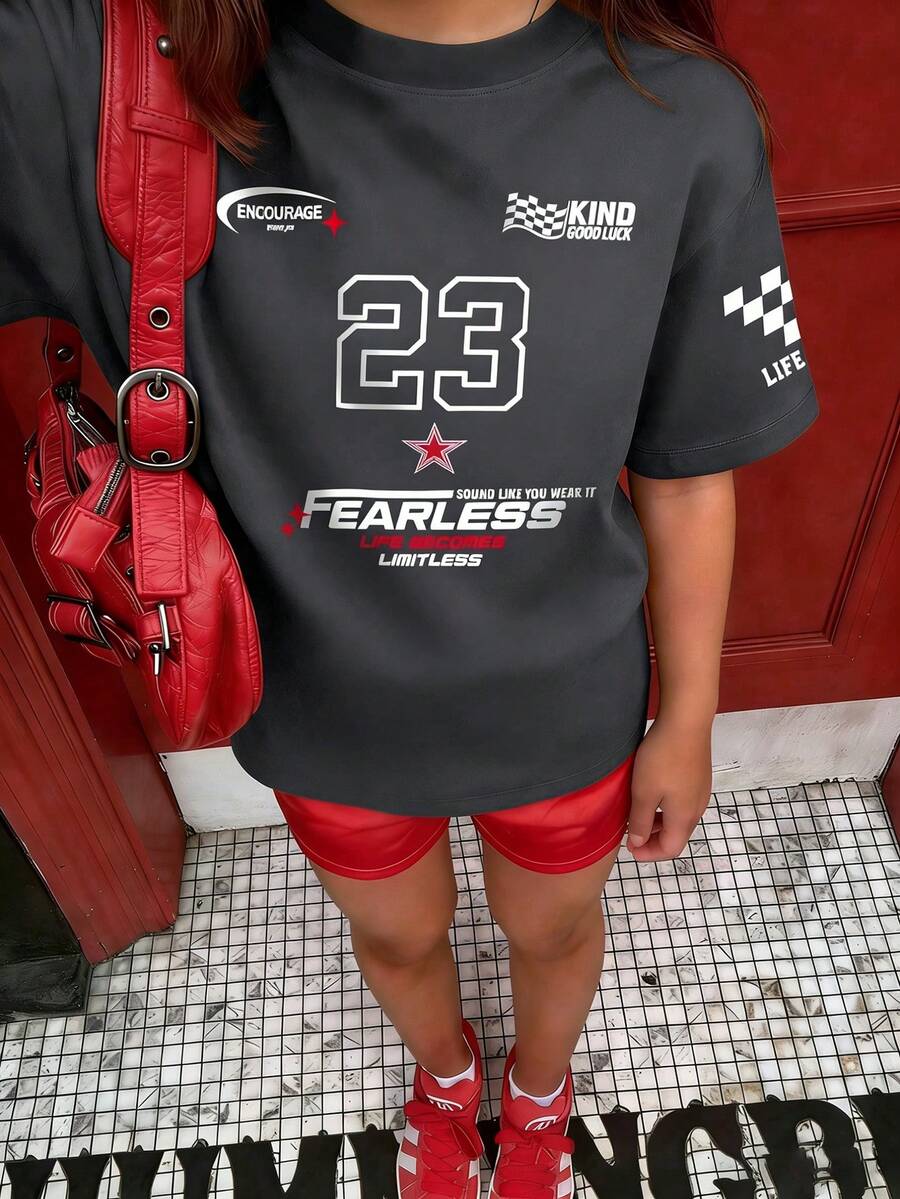 Teenage Girls' Racing Style Print Short Sleeve T-Shirt, Soft Round Neck Tee, Versatile Summer New Arrival Top - Dark Grey - View 1