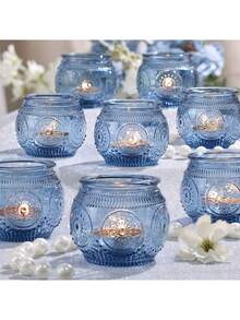 6pcs Blue Glass Candle Holders Set, Vintage Glass Candle Holders, Dining Table Centerpiece Decor Tea Light Candle Holders, Wedding & Party Decoration Glass Candle Holder Set, Suitable For Party Decor, Tea Lights & Wedding Gifts - Jar Candlestick - View 8