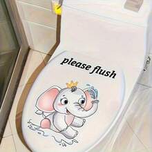 1 Cute Elephant Cartoon Toilet Seat Sticker - Fun Bathroom Decoration Sticker | Holiday Gifting / New Stickers / Home Decor - 1PC - View 1