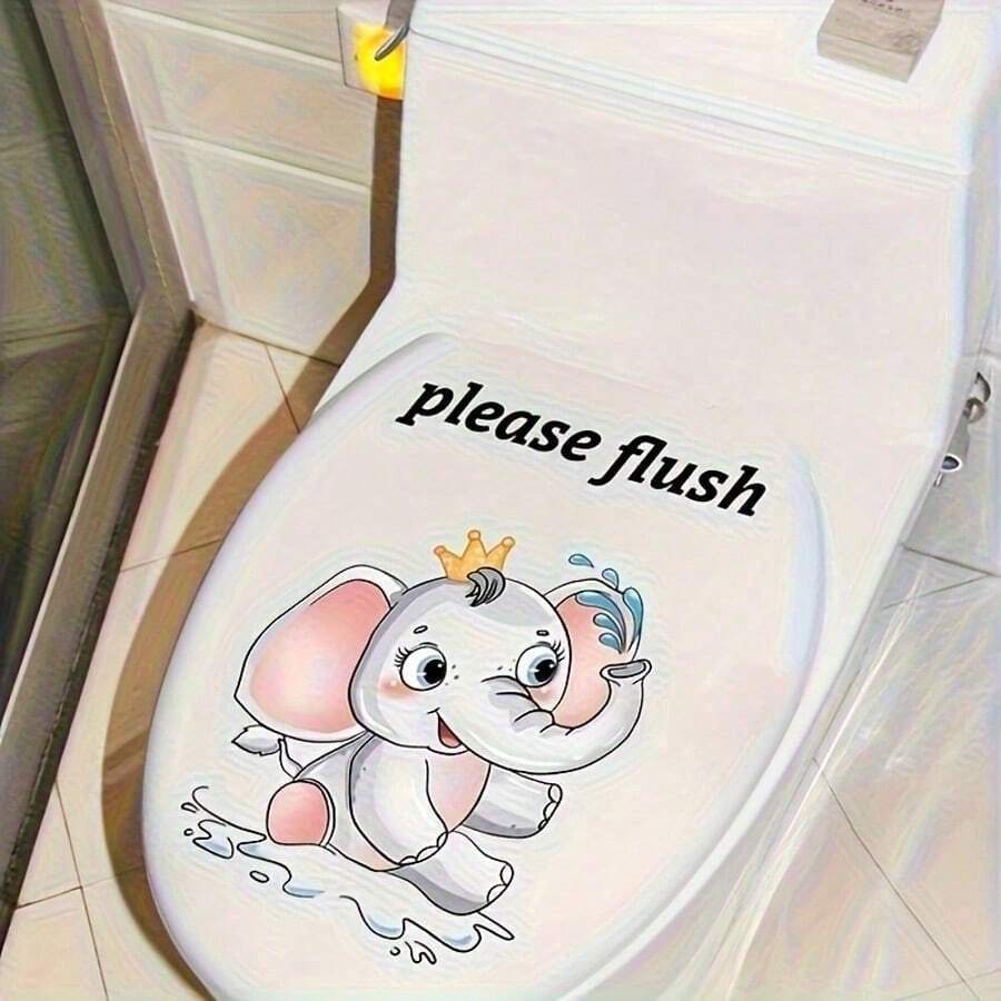 1 Cute Elephant Cartoon Toilet Seat Sticker - Fun Bathroom Decoration Sticker | Holiday Gifting / New Stickers / Home Decor - 1PC - View 1