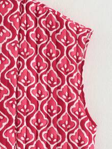 女士加厚无袖外套，休闲绗缝印花保暖背心，适合春、秋、冬季穿着 - 紅色 - 查看 7