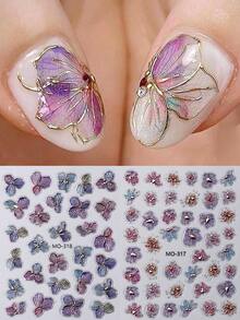 2片装春季紫金古铜花卉美甲贴纸，干花水彩渐变设计，闪金边自粘贴花，优雅奢华花瓣装饰，DIY美甲沙龙配件，美甲贴纸 - 彩色 - 查看 2