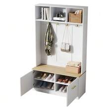 Ensemble armoire avec banc, espace de rangement ouvert et 2 portes – armoire compacte avec 4 crochets, coloris naturel et blanc, dimensions 105 * 40 * 180 cm - Blanc - Voir 6