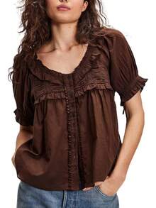 Women Lace Flowy Peplum Tops Boho Bow Tie Front Western Shirts Beach Sheer Ruffle Trim Short Sleeve Peasant Blouse - 白色 - 查看 6
