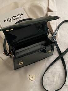 1pc New Fashionable Solid Color Textured PU Leather Flap Square Handbag, Minimalist Western Style Versatile Commuter Elegant Shoulder Bag With Detachable Adjustable Strap - Black - View 9