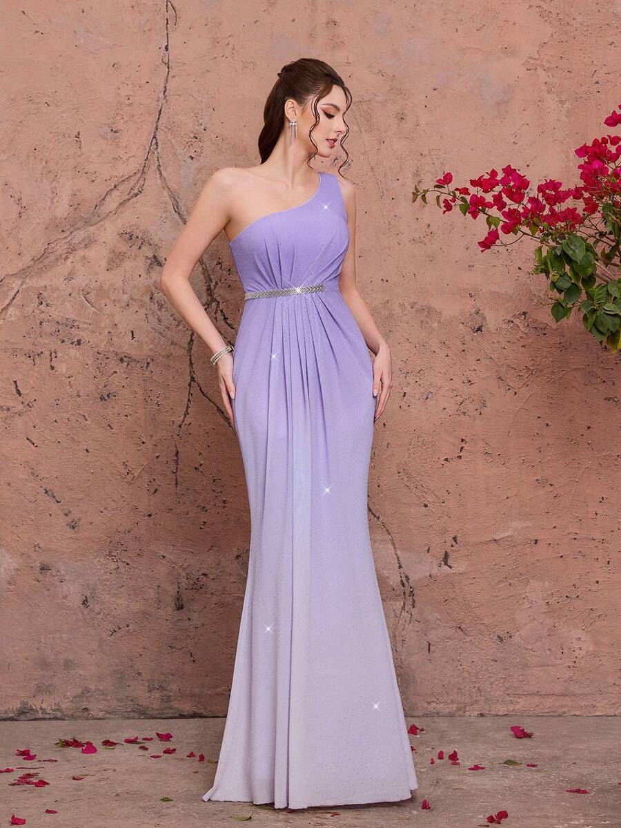 Đầm dạ hội lệch vai màu tím oải hương đính đá lấp lánh dáng đuôi cá, kiểu dáng thanh lịch dành cho nữ, thích hợp cho dạ hội mùa hè hoặc làm phù dâu, với hiệu ứng lấp lánh chuyển màu. - Màu tím hoa cà - Xem 1