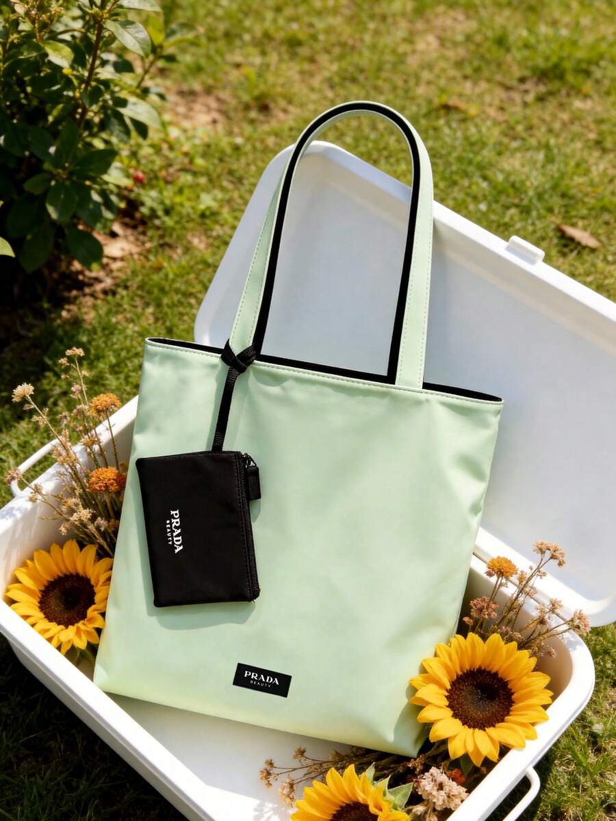 Prada 1 Set Of Green And Black Shoulder Bag, Cosmetic Bag, Canvas Tote Bag. Large Capacity Tote Bag With Card Holder. Suitable For Daily Use Or As Holiday Gift - Black and Green - View 1