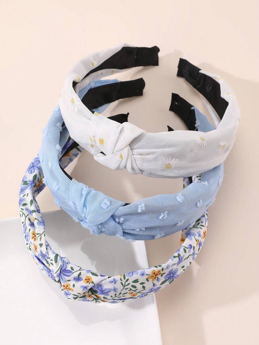 3pcs Women's Fashion Daisy Flower Print Headbands, Blue Tone, Suitable For Daily, Festival, Spring/Summer, Party Matching Hairband - Multicolor - View 1