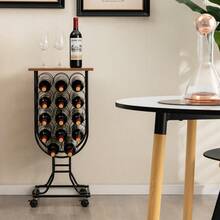 COSTWAY 14 Bottles Wine Rack With Detachable & Lockable Wheels, Movable Wine Storage Organizer W/ Waterproof Top, Solid Metal Frame, Rustic Style Wine Rack For Home Bar, Kitchen, Dining Room, Black - Black - View 4