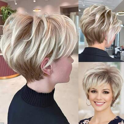 Short Ombre Blonde Hair Wigs For Women,Pixie Cut Curly Wig With Bang Glueless Wigs For Mother's Day Short Straight Synthetic Hair Pixie Cut Wig With Bangs Natural Daily Use