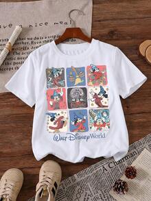 Disney World Sorcerer Mickey Fantasia Retro 9-Panel Grid Magic Kingdom Printed Pattern T-Shirts For Girls - Children's Clothing Design Short-Sleeved Casual And Cute Style Comfortable And Casual Wear All Year Round Suitable For Parties And Play Machine Washable Gift Children's Clothing Girls' Short-Sleeved Shirts - trắng - Xem 2