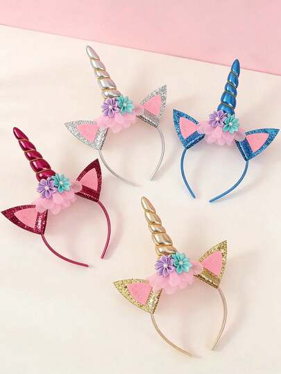 3pcs Unicorn Headband Set, Glitter Cat Ear Headband, Festive Headpiece For Girls, Suitable For Party, Holiday, Birthday