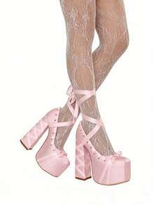 Womens's Ballet Pumps Sweet Lace Up Chunky High Heel Pumps Cute Platform Heels Bow Ribbon Pumps Satin Closed Toe Party Ballet Dress Shoes Elegant Wedding Party Shoes For Women - Hồng - Xem 5