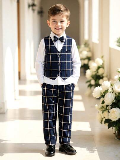 3pcs Toddler Boys Gentleman Set: Navy Plaid Vest + Solid Color Turndown Collar Long Sleeve Shirt And Bow Tie + Elegant Trousers, Suitable For Formal Occasions Like Parties, Weddings, Graduations