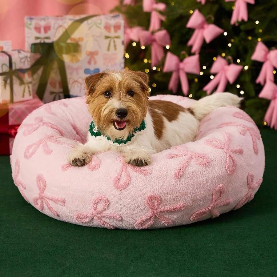 Donut Small Dog Bed - Round Cat Beds For Indoor Cats Anti-Anxiety Calming Gift For Pets, Washable Cute Modern Beds With Jacquard Shaggy Pl 11ush & Anti Slip Bottom, 27 Inch, Pink Taffy - BowPinkTaffy - Xem 1