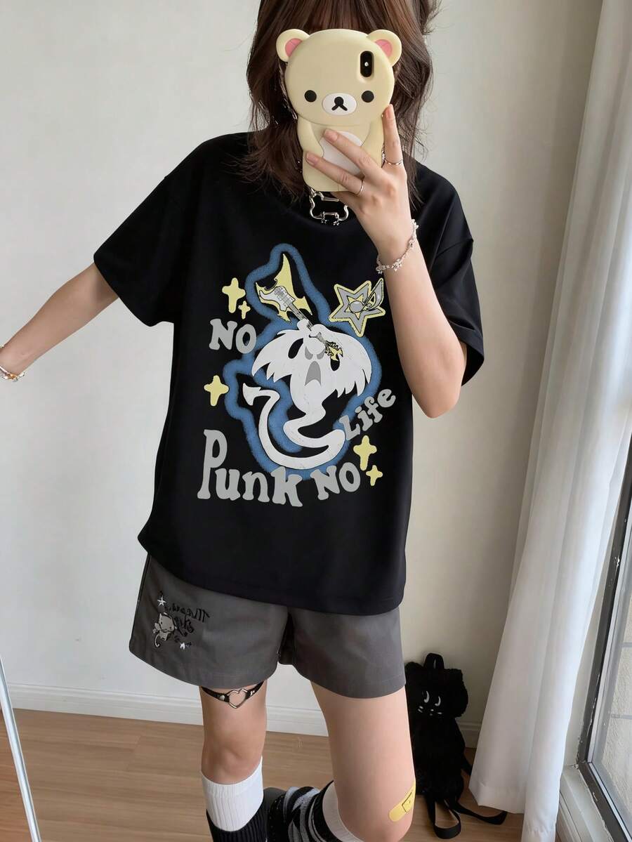 2026 Summer New Women's Casual Loose Funny Subculture Print Punk Pattern Street Fashion College Student Versatile Round Neck Short Sleeve T-Shirt - Black - View 1