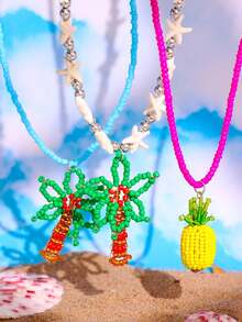 1pc Handmade Beaded Necklace With Coconut Tree, Pineapple, Starfish Pendants In Pink & Green, Colorful Y2K Minimalist Personalized Beach Jewelry - Multicolor - View 4
