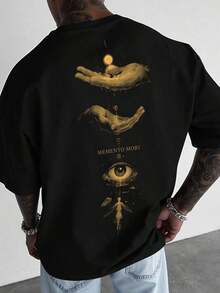 Nuevos productos de moda muy populares: Camiseta negra de manga corta con estampado de ojos y letras de Manfinity Roughcore para hombre, estilo casual y de uso diario, para verano. - Blanco 2 - Ver 1