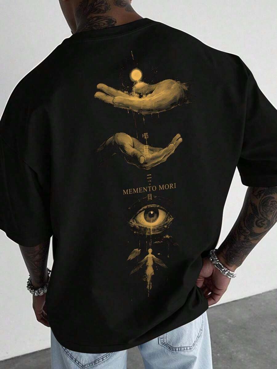 Nuevos productos de moda muy populares: Camiseta negra de manga corta con estampado de ojos y letras de Manfinity Roughcore para hombre, estilo casual y de uso diario, para verano. - Blanco 2 - Ver 1