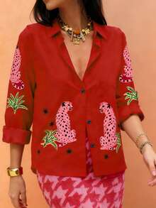 Sea Starshine Spring/Summer New Collection Casual, Simple And Elegant Vacation Style Leopard Print Leaf Pattern Lapel Button-Down Long-Sleeve Shirt For Women - Red - View 7