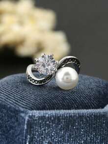1枚流行女士时尚优雅珍珠锆石戒指，婚礼订婚派对珠宝礼物 - 銀色 - 查看 10