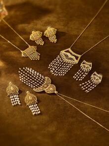 3pcs/Set Vintage Hollow Carved Copper Plated Gold Faux Pearl Tassel Necklace & Earrings Set, For Women Wedding Party Holiday Accessories - Yellow Gold - View 2