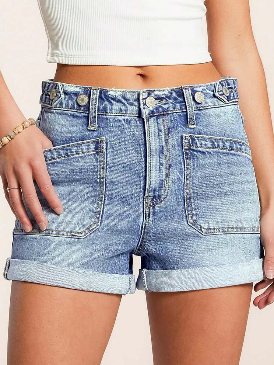 Summer Women's Mid-Rise Washed Denim Bermuda Shorts With Straight Leg, Slightly Stretchy Jean Shorts With Adjustable Waist And Patch Pockets - màu xanh nhạt - Xem 1