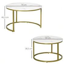 Set Of 2 Round Coffee Tables, With Gold Steel Frame, Stackable, Marble Look, For Living Room, Maximum Load 30 Kg, White. - White - View 3