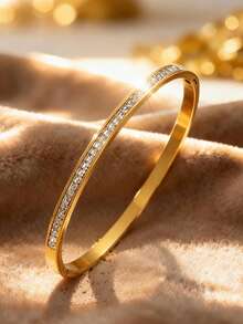 18K Gold Plated Stackable Bangle Set | Fully Paved Roman Numeral Four-Leaf Flower Shell Bracelet | Non-Fading Layered Bangle For Women, Daily & Party Wear, Valentine's Day & Everyday Gift - Gold 1 - View 4