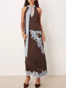 Magic Mia Women's Chocolate Brown & Blue Maxi Dress - Halter Neck & Contrast Lace Trim & V-Neck | Romantic Retro Fit For Bridal Showers, Date Nights, Vacation Evenings For Effortlessly Feminine Stylish Looks - màu nâu - Xem 5