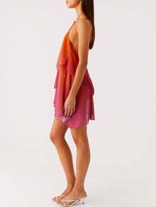 Women Ruffle Halter Neck Mini Dress Sheer Mesh Layered Open Back Dress Y2K Tiered Tie Back Going Out Dresses - 橘色 - 查看 5