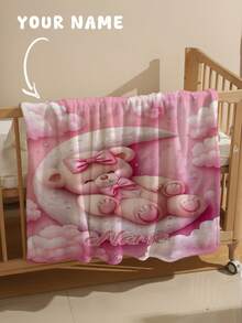 1pc Customizable Personalized Text Cute Bear Pattern Commemorative Blanket, Suitable For Home Sofa, Bed And Bedroom - Multicolor - View 3