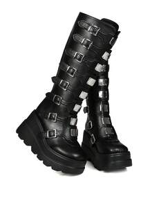 Gothic Knee High Boots For Women Wide Calf Round Toe Wedges Y2K Punk Platform Booties Metal Buckles Zipper Pull On Lug Sole Slip On Party Shoes Wedding Nightclub Concert Colsplay Gladiator Motorcycle Riding Business Casual Easter Spring Summer Womens Tall Combat Boots Black Boots - màu đen - Xem 3