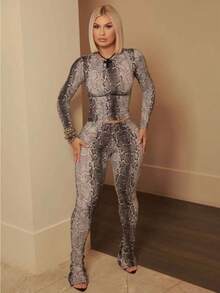 New Snake Print Slim Fit Sexy Sports Hot Long Sleeve Top Trousers Set - Xám - Xem 1