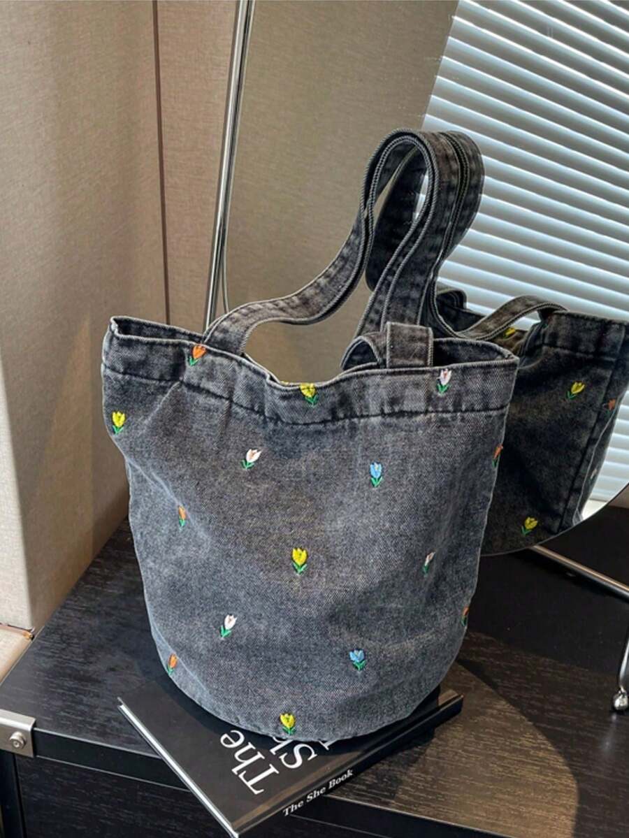Vintage Denim Floral Embroidery Versatile Shoulder Bag, Student Lunch Bag, Bucket Bag For Women