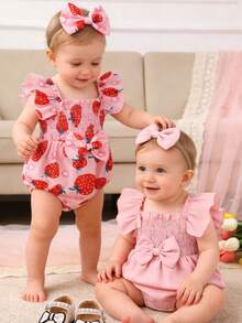 4pcs/Set, Baby Girl, Casual Fashion Elegant Cute, Soft And Comfortable, Strawberry Pattern Square Neck Ruffle Strap Romper And Headband And Bow Decor Headband, Baby Girl Clothing, Newborn Baby Girl Clothing, Baby Supplies, Baby Clothing, Suitable For Summer Daily Wear, Party, Vacation, Home, Photography, Outdoor Activities - Multicolor - View 3