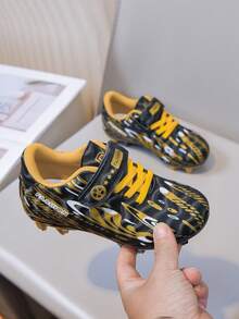 1 Pair Black Summer New Kids' Soccer Cleats, TF Studs Sports Training AG Long Studs Specialized Boys' Football Shoes, Hook And Loop - Black - View 7