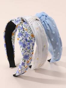 3pcs Women's Fashion Daisy Flower Print Headbands, Blue Tone, Suitable For Daily, Festival, Spring/Summer, Party Matching Hairband - Multicolor - View 3