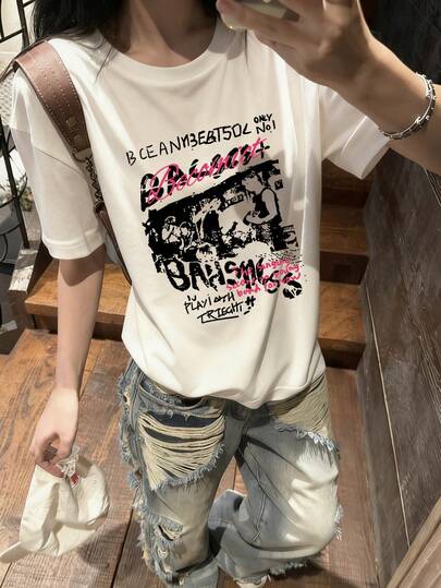 2026 Summer New Casual Loose Fit Short Sleeve T-Shirt For Women, Cotton Fabric, American Silhouette Print Contrast Color Pattern, Versatile For Commute, Student, Street Style, Round Neck, 1pc