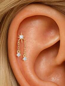 1Pc 925 Sterling Silver Romantic Stars And Moon Cubic Zirconia Stud Earring Flat Back Cartilage Helix Piercing Suitable For Women'S Daily Wear, Dates, Vacations, Weddings, Parties, Holiday Gifts - Gold - View 9