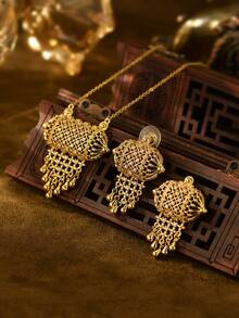 3pcs/Set Vintage Hollow Carved Copper Plated Gold Faux Pearl Tassel Necklace & Earrings Set, For Women Wedding Party Holiday Accessories - Yellow Gold - View 9