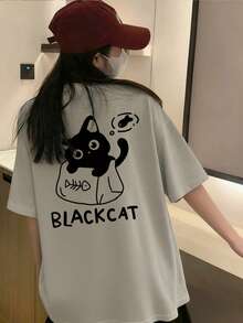 Women's Loose Fit Round Neck Short Sleeve T-Shirt With Cartoon Cat & Letter Print, Spring/Summer - Light Gray - View 3