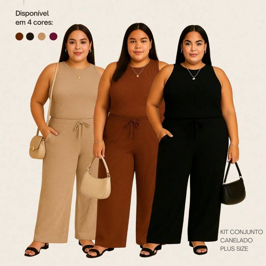 Set Of 3 Wide Leg Pants With Pockets + Women's Plus Size Tank Top - 米色 + 棕色 + 黑色 - 查看 1