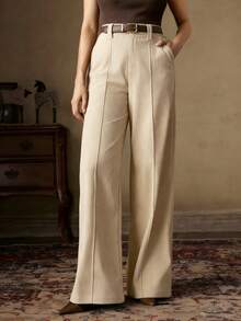 Women's Cream-Colored Wide Leg Pants, Made Of Textured Woven Fabric Spring - Apricot - View 4